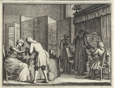 Figuren rond een ziekbed en een arts die een vrouw verbindt door Vincent Laurensz. van der Vinne (II)