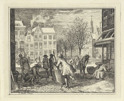 Heren werken in een straat door Vincent Laurensz. van der Vinne (II)