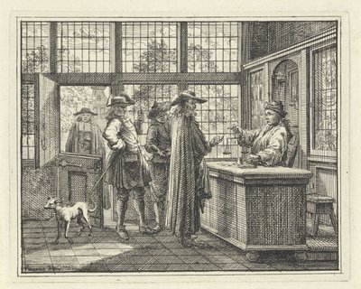 Interieur met goudweger en klanten door Vincent Laurensz. van der Vinne (II)