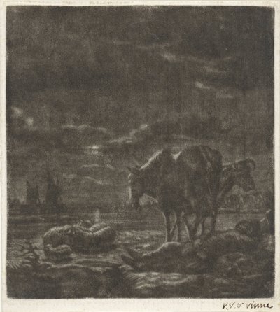 Nachtlandschap met slapende herder en vee door Vincent Laurensz. van der Vinne (II)
