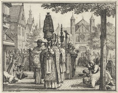 Processie met een beeld door een straat door Vincent Laurensz. van der Vinne (II)