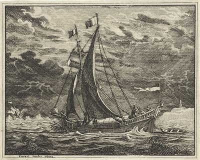 Schip in onheilspellend weer door Vincent Laurensz. van der Vinne (II)