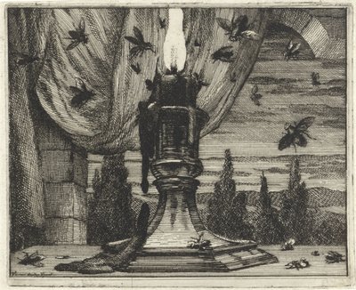 Vliegen komen af op het licht van een kaars door Vincent Laurensz. van der Vinne (II)