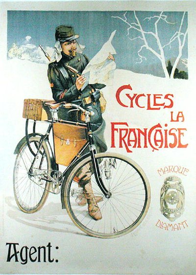Soldaat met zijn fiets die een kaart leest, poster die de fietsen 