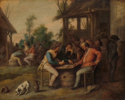 Twee mannen aan het kaarten buiten een herberg door Vincent Malò (II) (attributed to)
