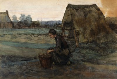 Een knielende boerin voor een hut; Paysanne Agenouillee Devant une Cabane, 1883 door Vincent van Gogh