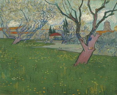Bloeiende boomgaard met uitzicht op Arles door Vincent van Gogh