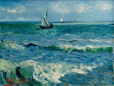 Boten op zee, Les Saintes-Maries-de-la-Mer door Vincent van Gogh