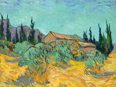 Houten hutten tussen de olijfbomen en cipressen door Vincent van Gogh