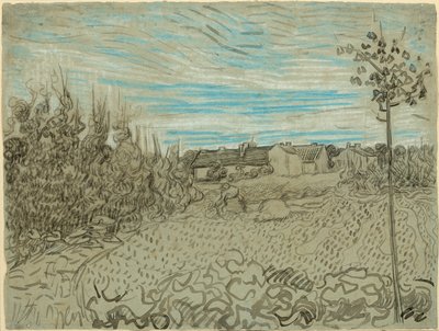 Huisjes met een vrouw in het midden door Vincent van Gogh