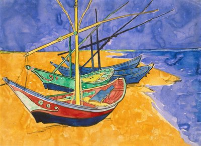 Vissersboten op het strand van Saintes-Maries-de-la-Mer door Vincent van Gogh