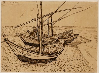 Vissersboten op het strand van Saintes-Maries-de-la-Mer door Vincent van Gogh