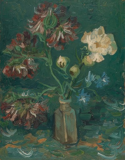 Fles met pioenen en ridderspoor door Vincent van Gogh