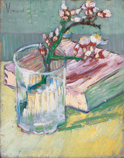 Bloeiende amandeltak in een glas met een boek, 1888 door Vincent van Gogh