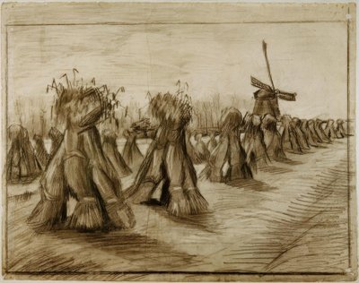 Korenbundel en windmolen door Vincent van Gogh