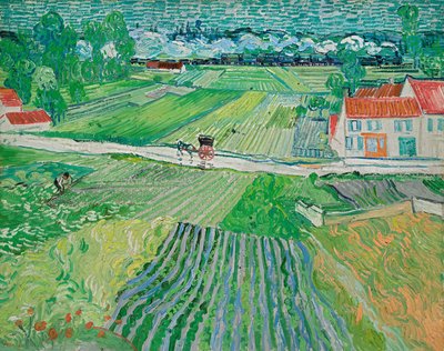 Landschap met een koets en een trein door Vincent van Gogh