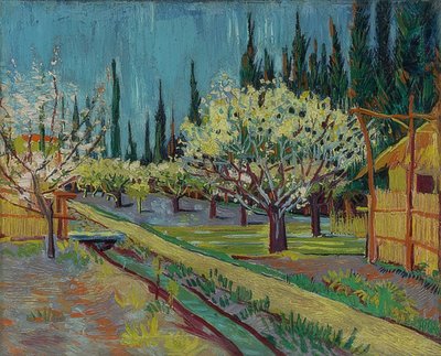 Boomgaard omgeven door cipressen door Vincent van Gogh