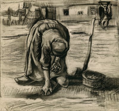 Boerin die aardappelen plant door Vincent van Gogh