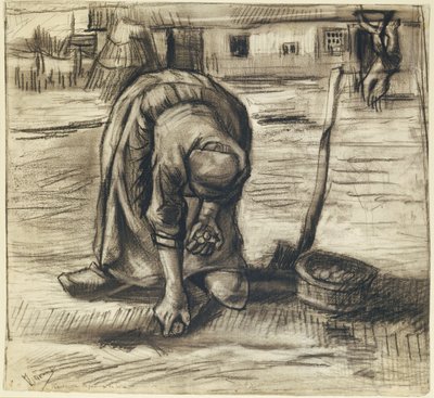 Boerin die aardappelen plant door Vincent van Gogh