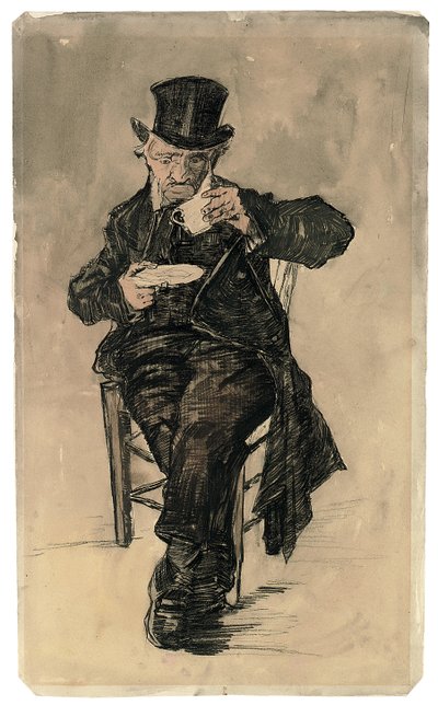 Armenhuisbewoner met hoge hoed drinkt een kop koffie, 1882 door Vincent van Gogh