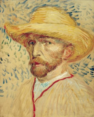 Zelfportret met strohoed en schildersjas door Vincent van Gogh