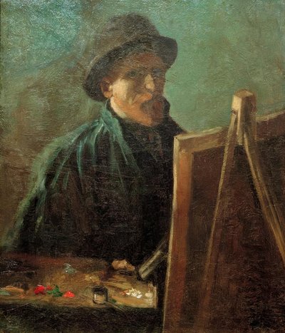 Zelfportret met donkere bontmuts voor de ezel door Vincent van Gogh