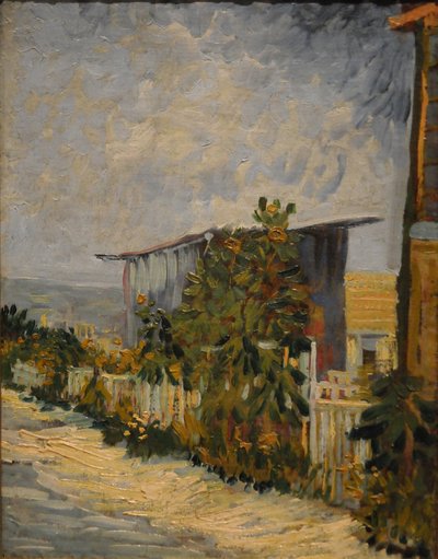 Schuur in Montmartre met zonnebloem, 1887 door Vincent van Gogh