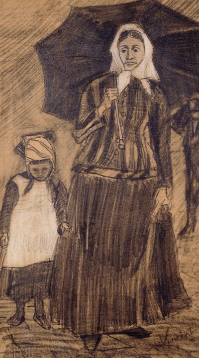 Sien onder een paraplu met een meisje, 1882 door Vincent van Gogh