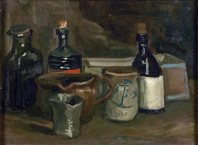 Stilleven met flessen en aardewerk door Vincent van Gogh