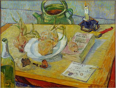 Stilleven met tekenbord, pijp, uien en lak door Vincent van Gogh