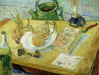 Stilleven met tekenbord, pijp, uien en lak door Vincent van Gogh