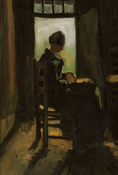 Vrouw zittend voor een open deur, aardappelen schillend, 1885 door Vincent van Gogh