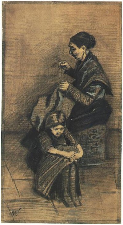 Sien, zittend op een mand, met een meisje F1072 Vincent van Gogh door Vincent van Gogh
