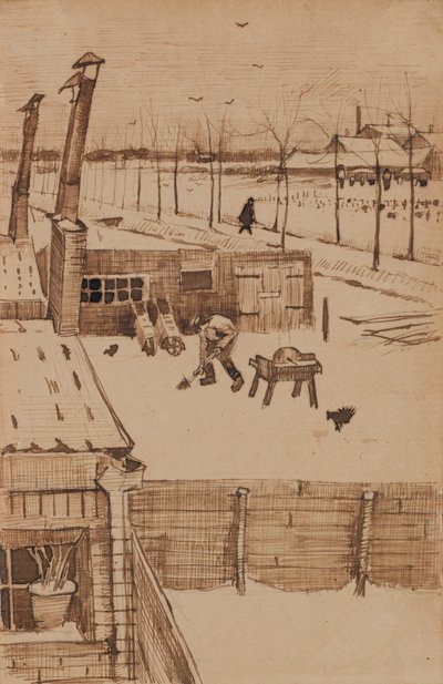 Uitzicht vanuit het raam van Vincents atelier in de winter I (1883) door Vincent van Gogh
