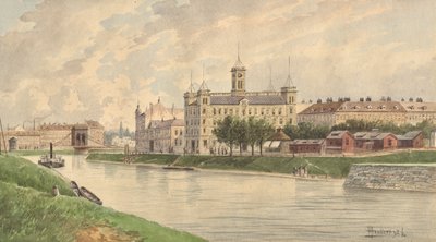 De Weissgärber Lände in Wenen met het Donau-stoomschipgebouw door Vincenz Havlicek