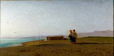 Uitzicht op het strand in Viareggio bij zonsopgang aan de Toscaanse kust, twee kindersilhouetten door Vincenzo Cabianca