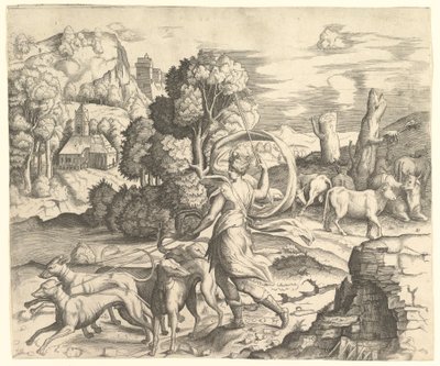 Diana de jager in een landschap, ca. 1530-1542 door Vincenzo Caccianemici