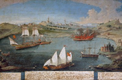 Zeeslag tussen Venetiaanse schepen van Marco Ivanovich Dobrota en Turkse schepen, 19 april door Vincenzo Chilone