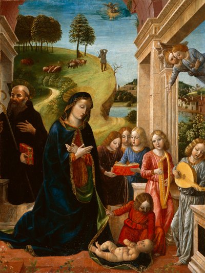 Aanbidding van het kind met St. Benedictus en engelen, c.1478 door Vincenzo Foppa