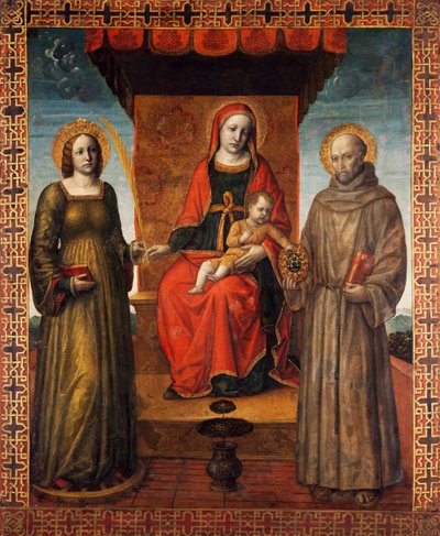 Madonna en Kind op de troon met de heiligen Bernardinus en Catharina van Alexandrië, keerzijde van de processievlag van Orzinuovi, door Vincenzo Foppa, schilderij op doek door Vincenzo Foppa