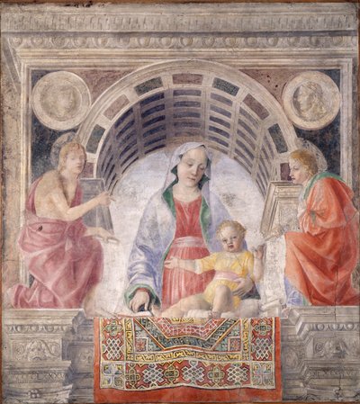 Madonna en Kind en Heiligen Johannes de Doper en Giovanni Evangelista door Vincenzo Foppa