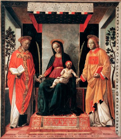 Maagd en Kind omringd door heiligen Faustinus en Jovita door Vincenzo Foppa