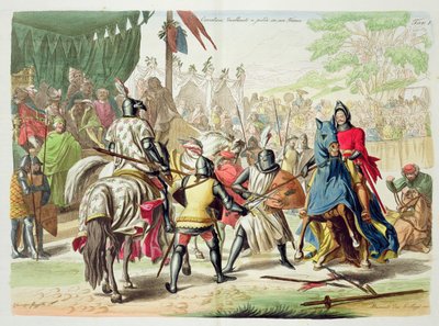 Ridders die te voet duelleren in een toernooi, plaat 1 uit De geschiedenis van de naties, gegraveerd door G. Lago door Vincenzo Gazzotto