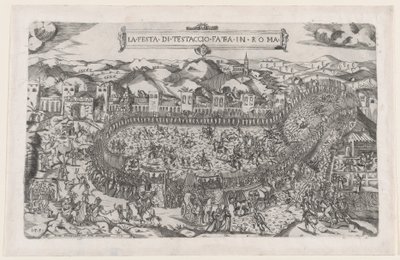 Speculum Romanae Magnificentiae: Carnavalswedstrijden gehouden op de Monte Testaccio in Rome, 1558 door Vincenzo Luchino