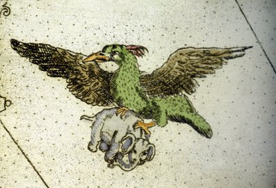 De reusachtige vogel Rok die een olifant draagt tussen zijn klauwen om aan zijn jongen te geven, detail van een wereldkaart door Vincenzo Coronelli (1650-1718). 17e eeuw door Vincenzo Maria Coronelli
