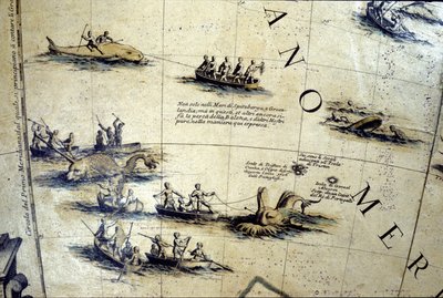 Walvisvangst in de Stille Oceaan. Detail van een 17e-eeuwse Coronelli globe. door Vincenzo Maria Coronelli