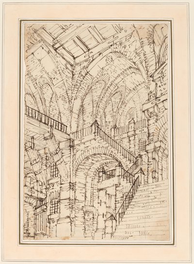 Een gevangenisinterieur met een monumentale trap door Vincenzo Mazzi