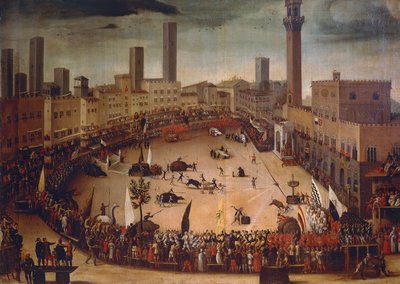 Stierenjacht op Piazza del Campo in 1546 door Vincenzo Rustici