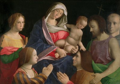 Madonna en kind met Sint Johannes de Doper, twee heiligen en schenkers door Vincenzo di Biagio (follower of) Catena