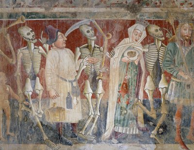 Bij Pazin, koningin en koopman vergezeld door de Dood, Dodendans (1474), detail, fresco in kerkhofkerk van de Kerk van St. Maria van de Rots, door Vincenzo da Castua, Beram, Istrië, Kroatië door Vincenzo di Castua